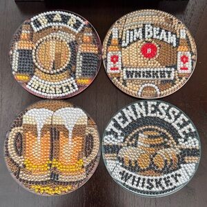 Diamond Art Beer & Whiskey Coasters – Wood Base Set of 4 w/ Black Metal Display